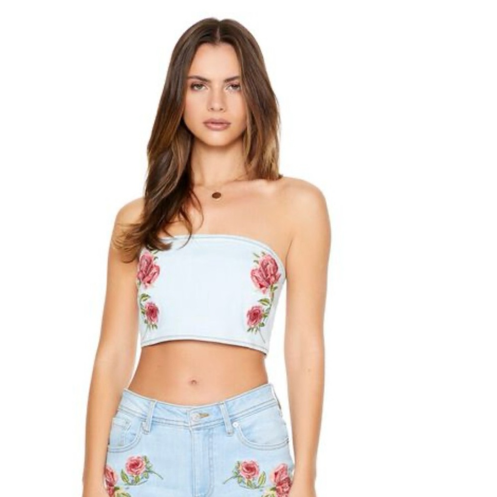 Forever 21 Denim Floral Embroidered Tube Top Bandeau Size Medium